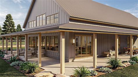 metal building house with wrap around porch|barndominium with gable porch.